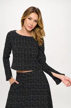 Plaid Knit Long Sleeve Crop Top with Split Sleeve