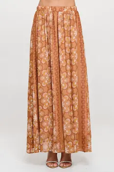 Print Sheer Maxi Skirt with Lining and Elastic Waist