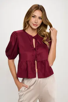 Tencel Puff Sleeve Top with Front Bow Detail