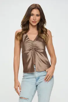 Stretch Satin V neck Sleeveless Top w/ Ruched Detail