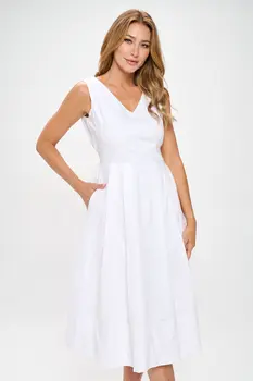Cotton Poplin V neck Midi Dress with Pockets