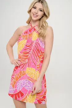 Tropical Leaf Print Halter Neck Backless Dress