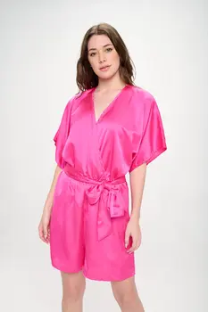 Solid Satin Kimono Romper with Tie