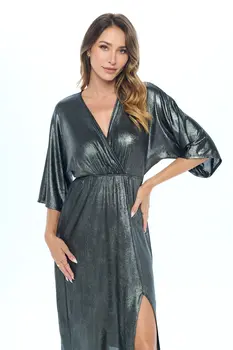 Lurex Metallic Kimono V neck Dress with Slit