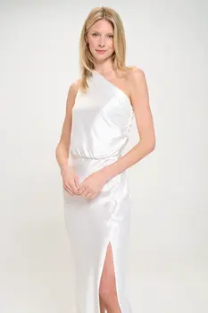 Solid Satin One Shoulder Midi Dress with Slit