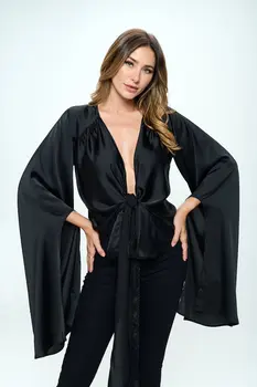 Stretch Satin Wrap Top with Exaggerated Sleeves