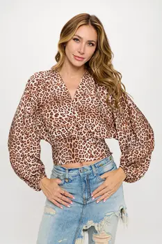 Leopard Print V neck Top with Smock Detail