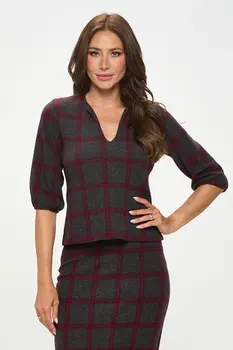 Plaid V Neck Knit Top