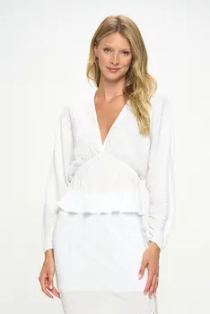 Plisse V neck Top with Balloon Dolman Sleeve