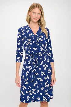 Print V neck Jersey Wrap Dress with Tie