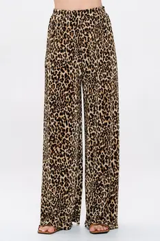 Leopard Print Plisse Lined Straight Pants