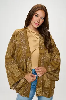 Boho Patch Print Open Front Kimono Cardigan