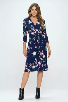 Floral Print V neck Jersey Wrap Dress with Tie