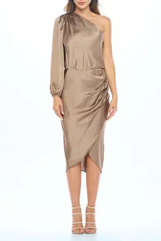 Satin One Shoulder Bodycon Dress w/ Asymmetric Hem