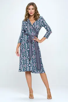 Floral Print V neck Jersey Wrap Dress with Tie