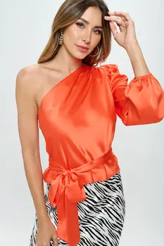 Stretch Satin One Shoulder Formal Top with Tie