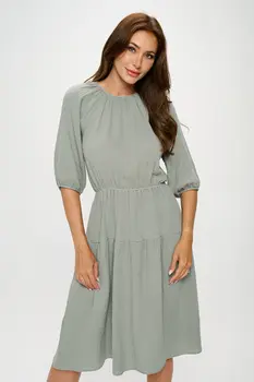 Cotton 3/4 Sleeve Tiered Midi Dress