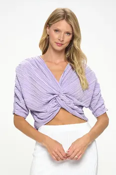 Plisse Mid Scrunched Sleeve Top with Front Twist