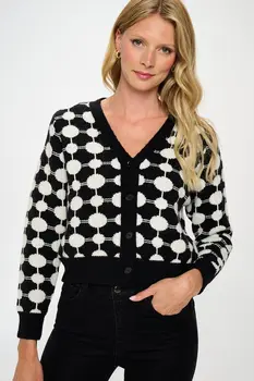 Print Knit Open Front Mini Cardigan with Buttons