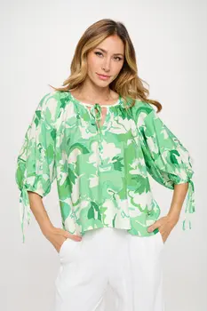 Flower Print V neck Top with Sleeve Tie