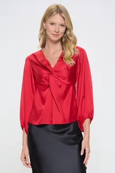 Stretch Satin V neck Top with Front Twist