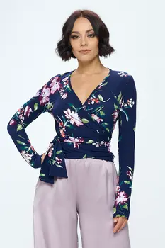 Extra Soft Flower Surplice Top w/Long Sleeve