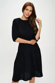 Cotton 3/4 Sleeve Tiered Midi Dress