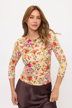 Boat Neck Floral Top w 3/4 Sleeves