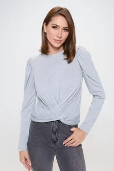 Knit Top with Puff Long Sleeve and Front Twist