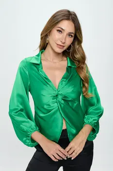 Satin Vibrant Collared Top with Front Twist