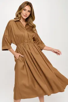 Tencel Collared V neck Midi Dress with Pockets