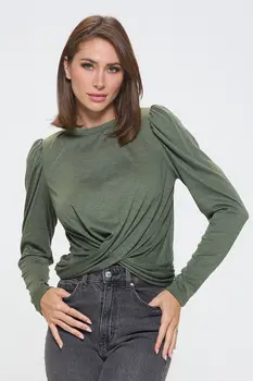 Knit Top with Puff Long Sleeve and Front Twist