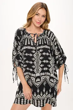 Boho Print V neck Dress with Tie Sleeve