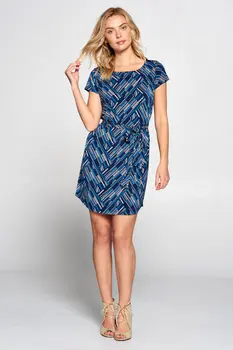 ABSTRACT LINE PRINT DRESS WITH WAIST TIE