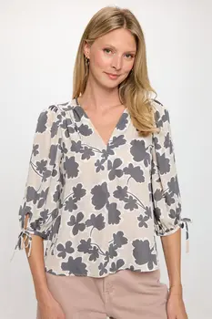 Floral Print V neck Top with Sleeve Tie