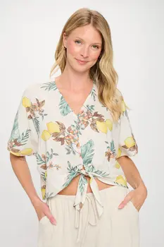 Linen Floral Print V neck Top with Front Tie