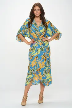 Leaf Print Kimono Dress with Front Twist