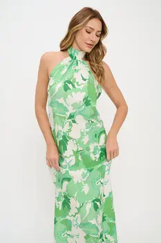 Floral Print Halter neck Backless Midi Dress