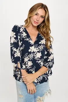 Floral Print V neck 3/4 Sleeve Top with Tie