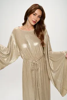 Metallic Dress with Bell Sleeve and Tie