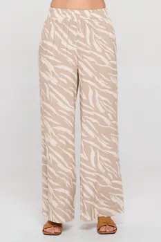 Zebra Print Linen Wide Leg Pants with Elastic Band