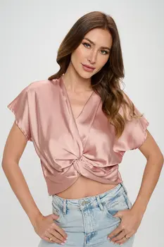 Satin Short Sleeve Top with Front Twist