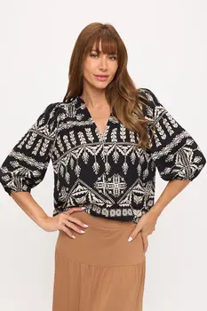 Aztec Print V Neck 3/4 Sleeve Top