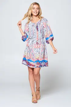 3/4 SLEEVE PRINT DRESS WITH TIE