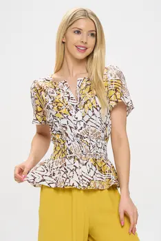 Abstract Print V neck Short Sleeve Top with Smock Waist Detail