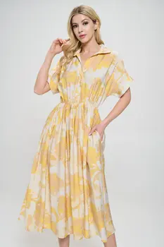 Flower Print Collared V neck Dress with Pockets