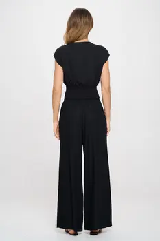 Solid Linen V neck Crop Top w Smock Back Detail