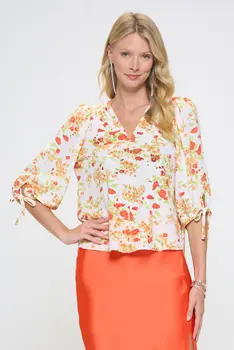 Flower Print V neck Top with Self Tie Sleeves