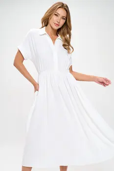 Linen Solid Collared V neck Dress with Pockets