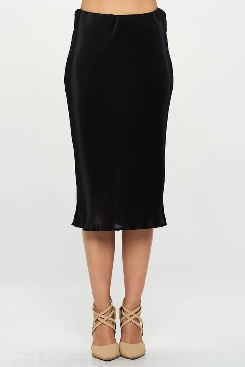 Solid Plisse Midi Skirt with Slit and Elastic Waistband